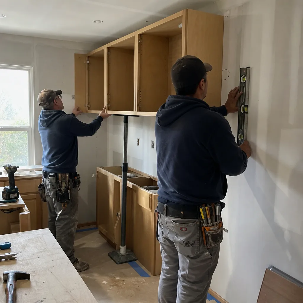 Two professional contractors installing kitchen cabinets during a home renovation.