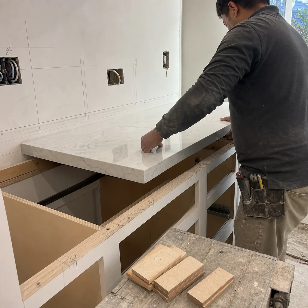 Professional contractor installing a marble kitchen countertop in a home renovation