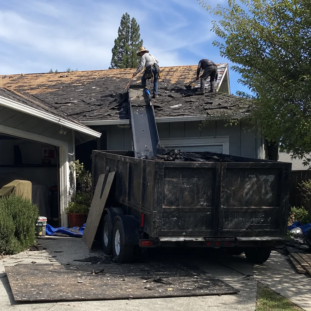 Professional roofing contractors removing shingles into a dumpster for home renovation