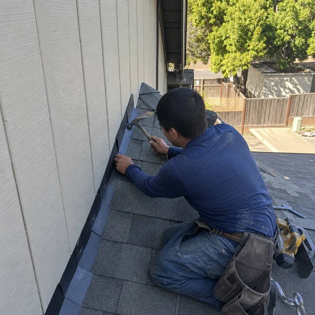 Professional roofer installing step flashing on a residential roof