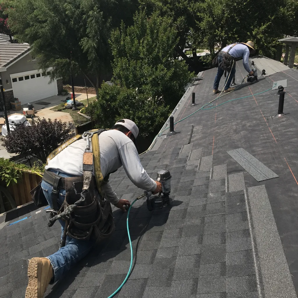 Two professional roofers installing shingles with pneumatic nail guns on a roof