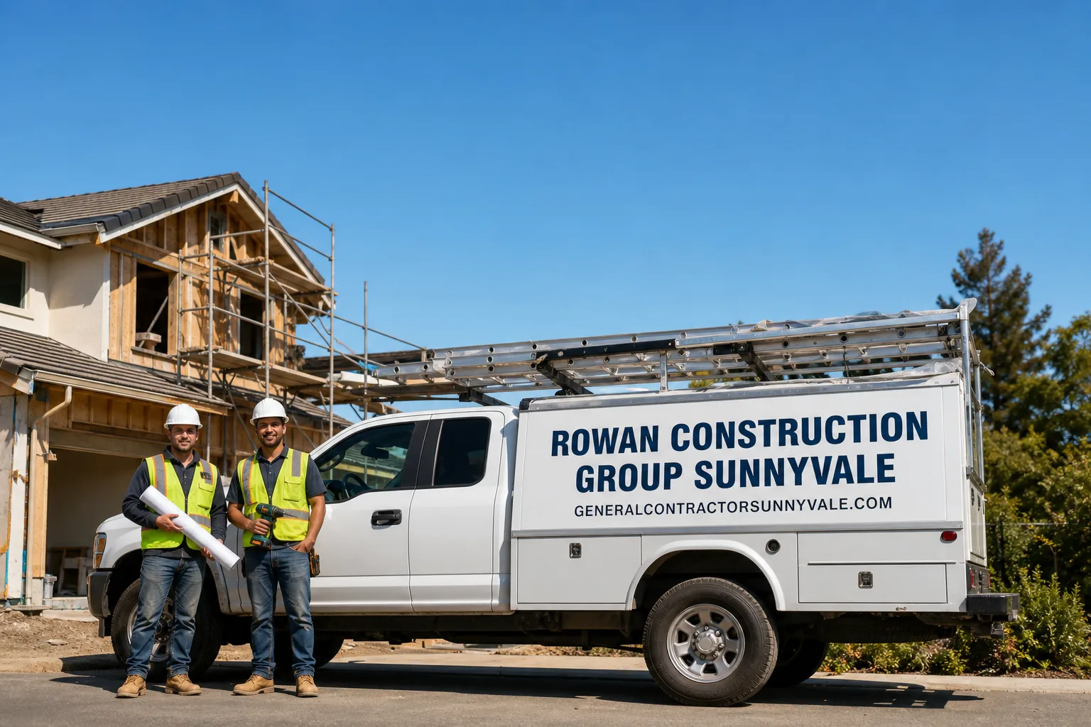 Rowan Construction Group Sunnyvale construction service vehicle and crew in Sunnyvale, CA